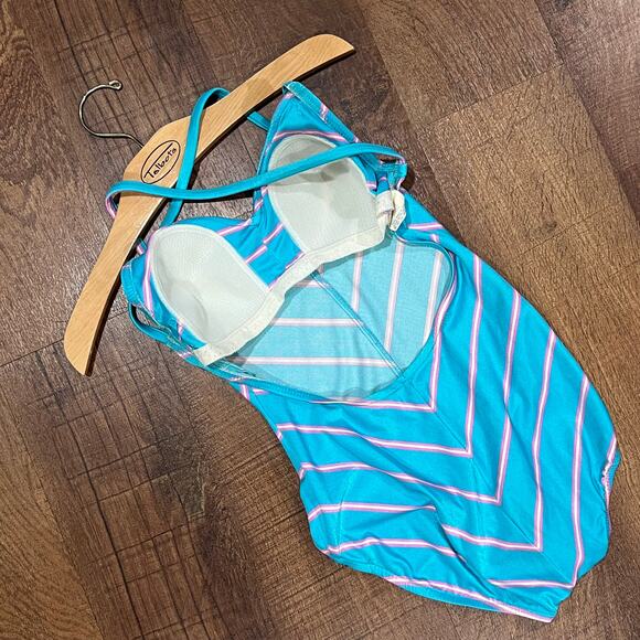 Vintage Chevron Striped One Piece Swimsuit Turquoise Pink Size 12 - Picture 3 of 7